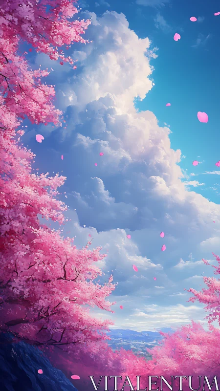 Vertical landscape shows cherry trees and cumulus cloud column