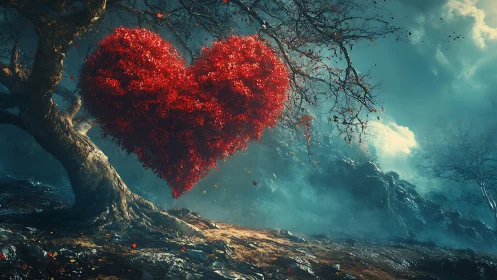 Crimson Heart Suspended in Turquoise Mountainous Terrain.