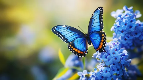 Blue butterfly on clustered blue flowers in daylight field.