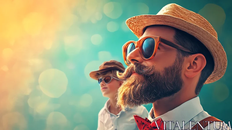 Man and child in hats and sunglasses stand against blurred sky