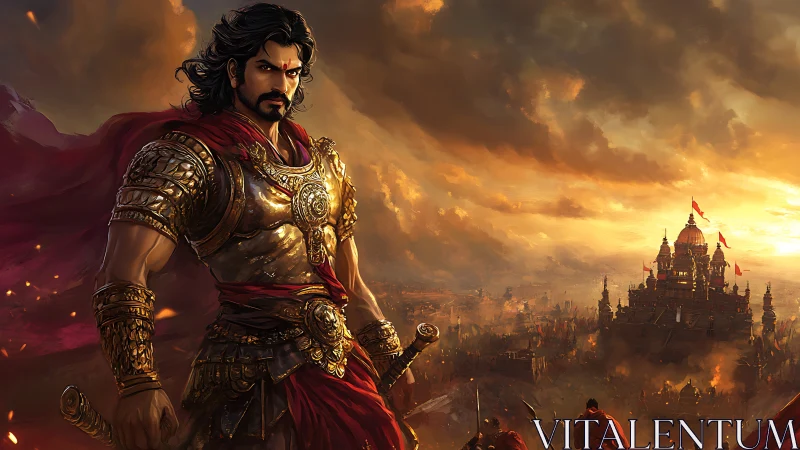 Armored warrior before fortified temple under storm sky.