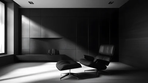 Sculpted black lounge chair in shadowed minimalist interior.