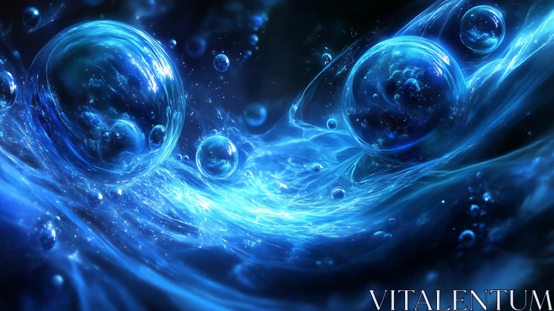 Blue energy spheres suspended in flowing luminous waves.