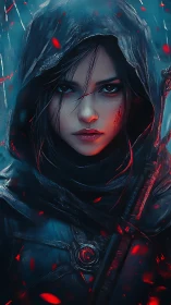 Hooded warrior portrait in cyan haze with crimson embers.