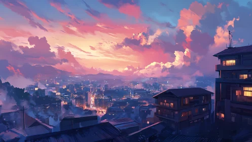Twilight rooftops cradle a neon city beneath blushing clouds.