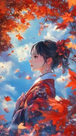 Crimson kimono daydream beneath drifting autumn leaves.