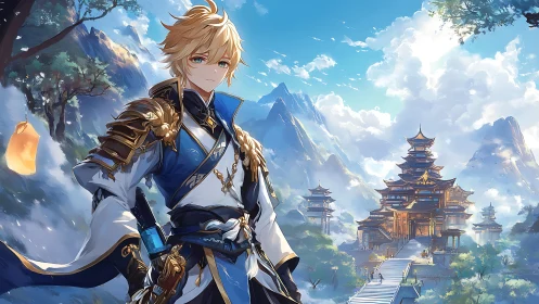 Golden-haired warrior stands before sunlit mountain temple