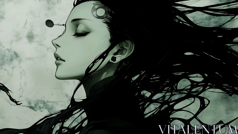 Cybernetic woman profile with flowing abstract black hair.