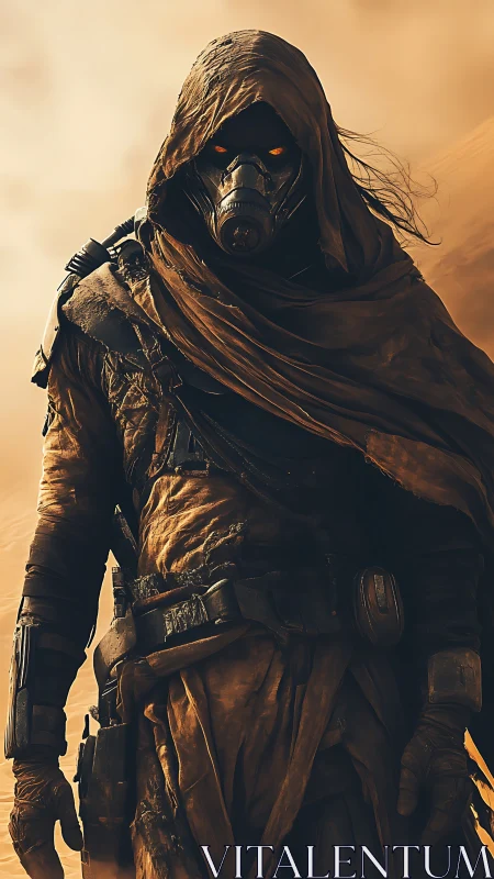Hooded wasteland warrior in respirator stalks a sandstorm