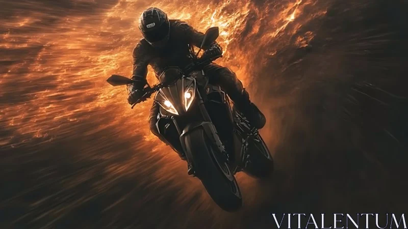 Lone night rider carving a fiery trail through the dark.