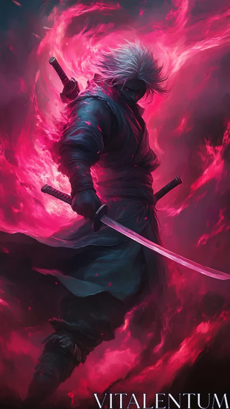 Shadowed cyber-ninja wields katana amid neon magenta flames
