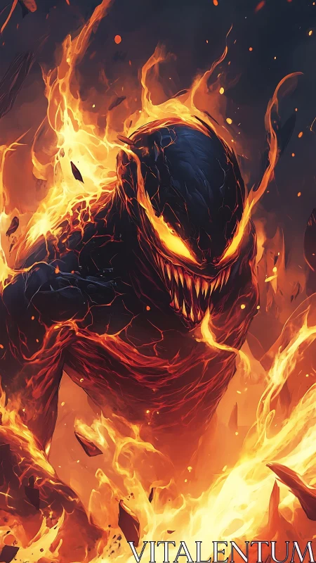 Infernal molten demon emerging through cascading flames.