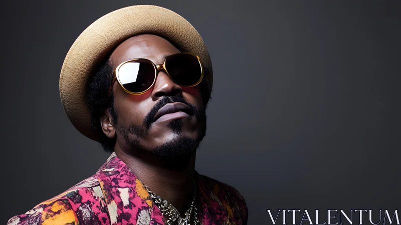 Stylish portrait with straw hat, patterned jacket, deep shadows.