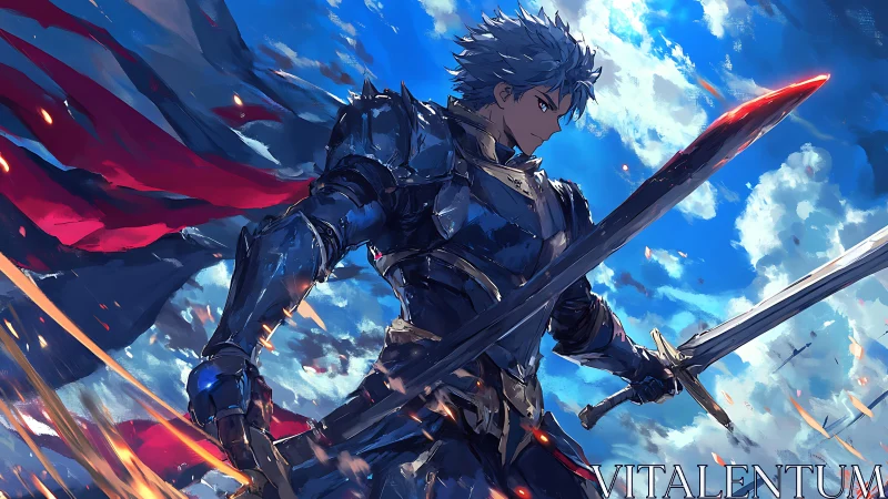 Skybound knight poised between twin blades and bright destiny.