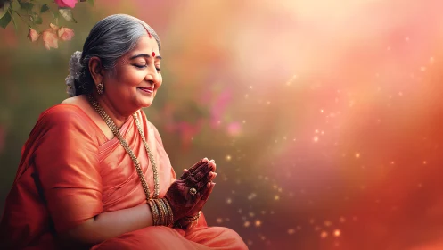 Elderly Indian woman in traditional attire, serene and spiritual portrait.