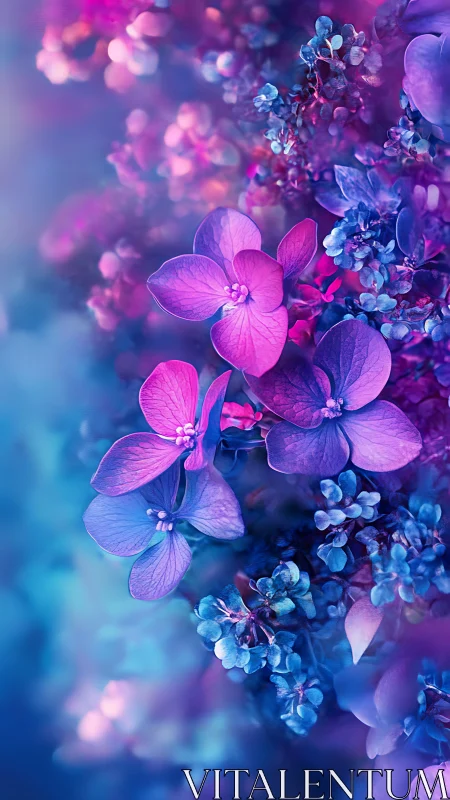 Radiant orchids bloom through violet bokeh dreamscape.