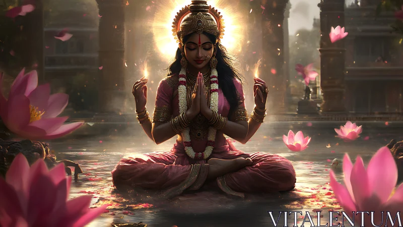 Serene goddess meditates in radiant lotus sanctuary.