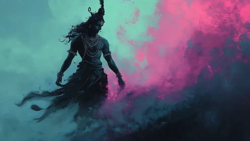 Mystic warrior silhouette strides through teal and magenta storm.