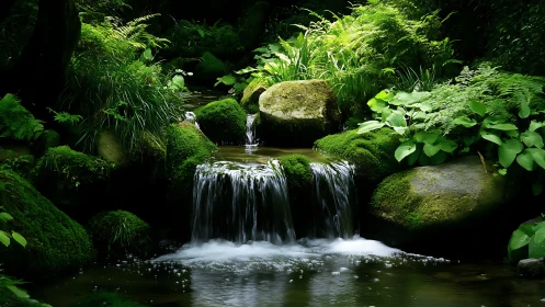 Lush Forest Stream with Waterfall in Serene Nature Photography.