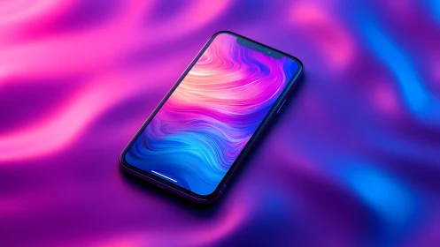 Modern smartphone on vibrant neon abstract background, digital art.