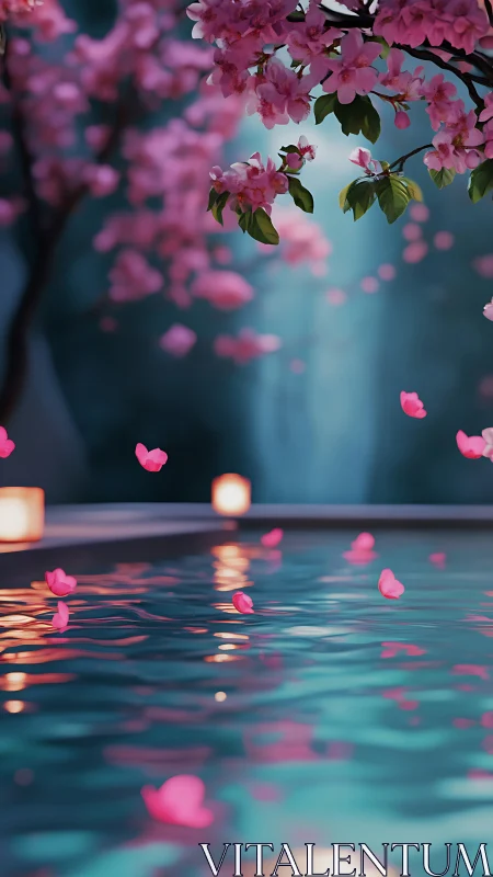 Digital painting of cherry blossoms over tranquil pool surface.