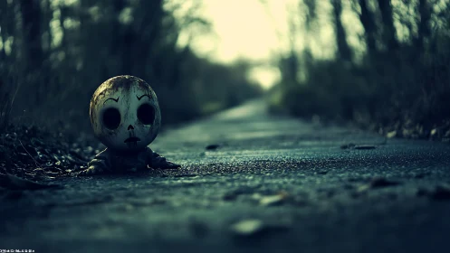 Disturbing doll figure waits alone on a desolate forest road