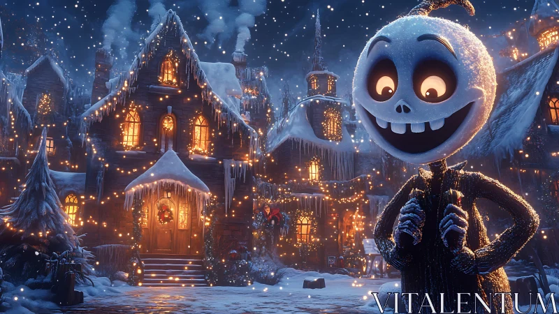 Snowy skeleton character in illuminated winter village scene.