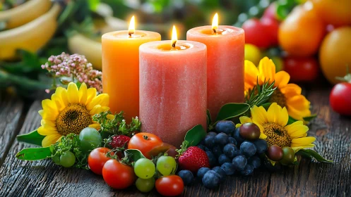 Golden candlelight glows softly among fruit and sunflowers