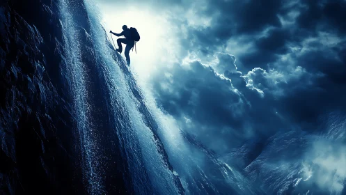 Solitary climber ascending stormy, water-slick mountain wall.