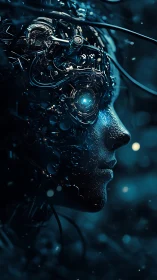 Glimmering cybernetic face gazes into a softly lit future