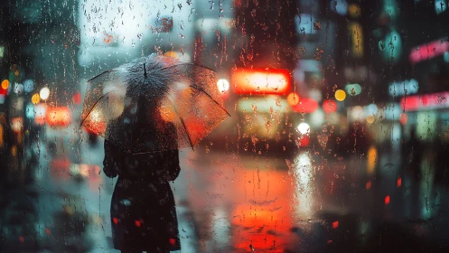 Silhouette with umbrella in wet neon-lit city street at night.