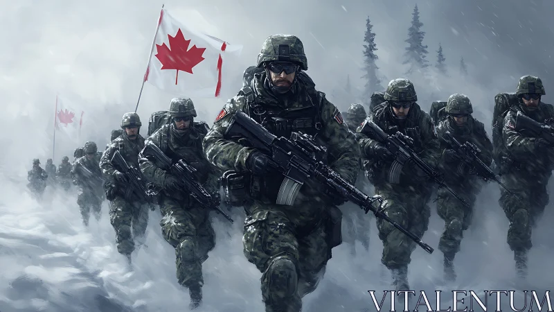 Canadian Military Squad Marching Through Snow Storm