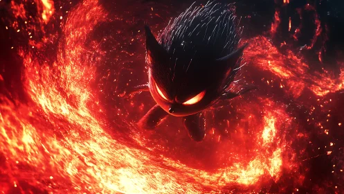 Dark spiky creature flying through swirling red firestorm.