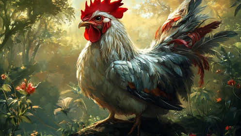 Rooster in Golden Forest Clearing with Wildflowers