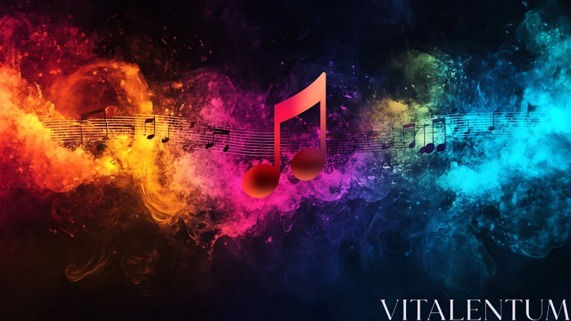 Chromatic soundwave spectrum with central musical notation symbol.