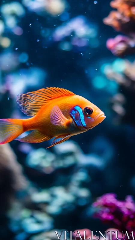 Vibrant orange reef fish glides through blurred coral seascape