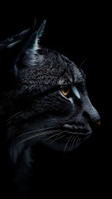 High-contrast felid portrait demonstrating rim-lit volumetric hair rendering and golden iris luminos