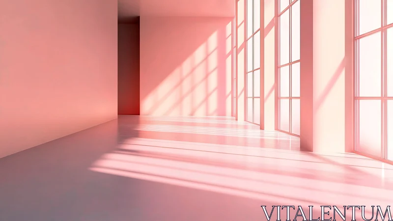 Minimalist pink corridor renders long window light gradients