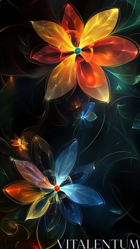 Glowing rainbow blossoms drifting gently through the dark.