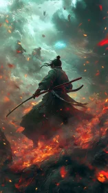 Lone samurai strides through fire toward a stormy destiny.