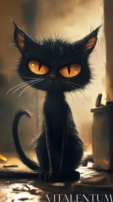 Midnight mischief cat with ember eyes in dusty glow.