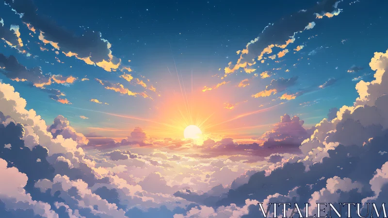 Radiant sunrise over luminous cloud sea in anime sky.