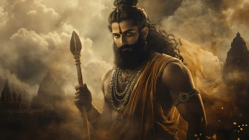 Warrior sage with spear amid misty temple skyline