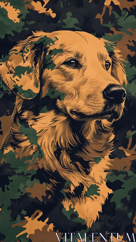 Golden retriever portrait within camouflage foliage pattern.