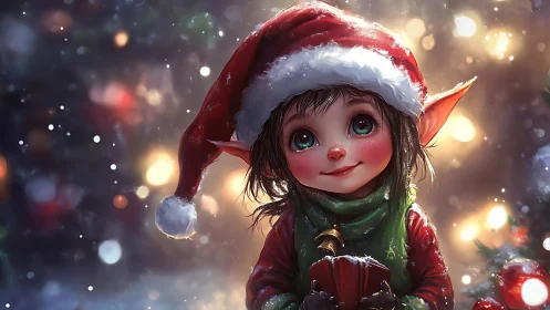 High-detail festive elf portrait with luminous bokeh field.