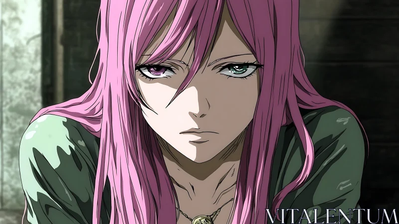Pink haired anime character in close frontal portrait view.