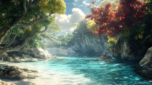 Tropical cove with clear water and dense coastal forest.