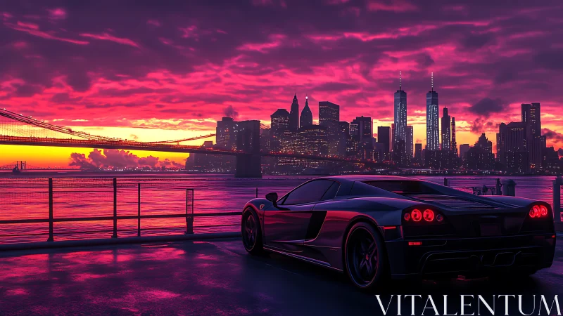 Midnight supercar overlooks neon skyline at vivid sunset.