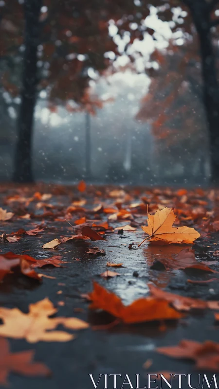 Quiet rain-kissed autumn path with glowing fallen leaves.