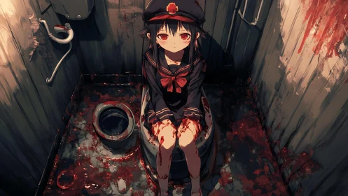Bloodstained sailor girl waits calmly in a ruined stall